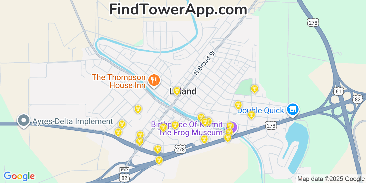 Map showing the 20 primary cell tower locations detected in Leland, Mississippi from AT&T, Verizon, and T-Mobile networks