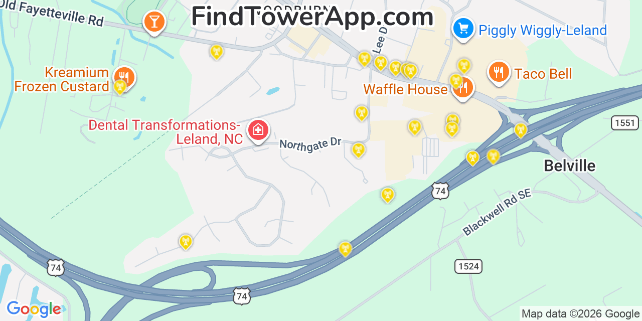 Map showing the 20 primary cell tower locations detected in Leland, North Carolina from AT&T, Verizon, and T-Mobile networks