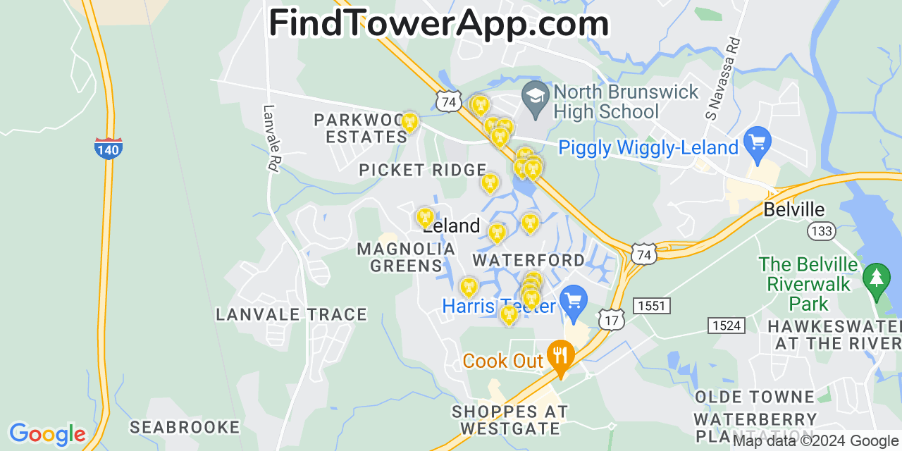 Verizon 4G/5G cell tower coverage map Leland, North Carolina