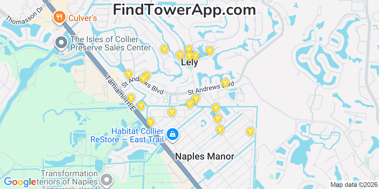 Map showing the 20 primary cell tower locations detected in Lely, Florida from AT&T, Verizon, and T-Mobile networks