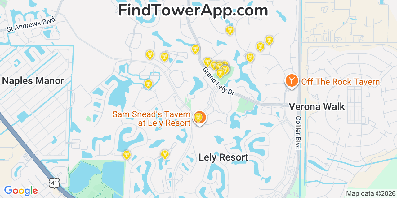 Map showing the 20 primary cell tower locations detected in Lely Resort, Florida from AT&T, Verizon, and T-Mobile networks