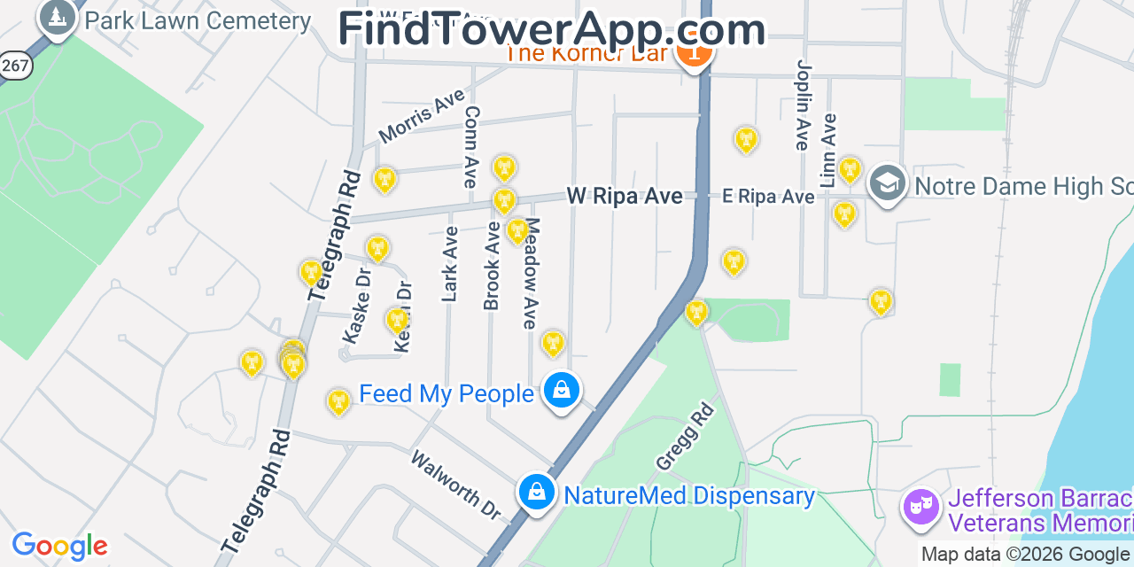 Map showing the 20 primary cell tower locations detected in Lemay, Missouri from AT&T, Verizon, and T-Mobile networks