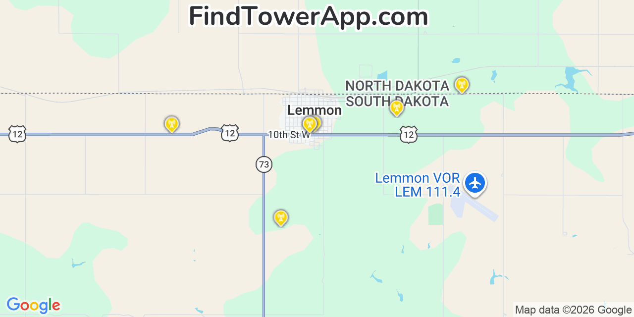 Map showing the 20 primary cell tower locations detected in Lemmon, South Dakota from AT&T, Verizon, and T-Mobile networks