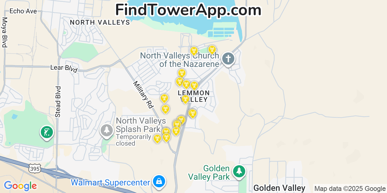 Map showing the 20 primary cell tower locations detected in Lemmon Valley, Nevada from AT&T, Verizon, and T-Mobile networks