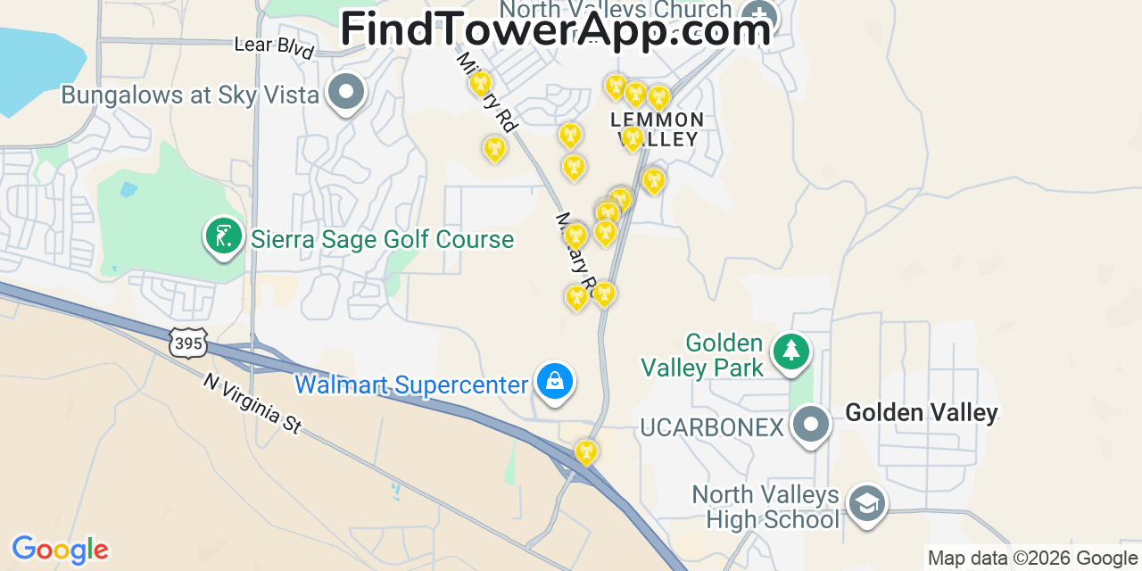 Map showing the 20 primary cell tower locations detected in Lemmon Valley, Nevada from AT&T, Verizon, and T-Mobile networks