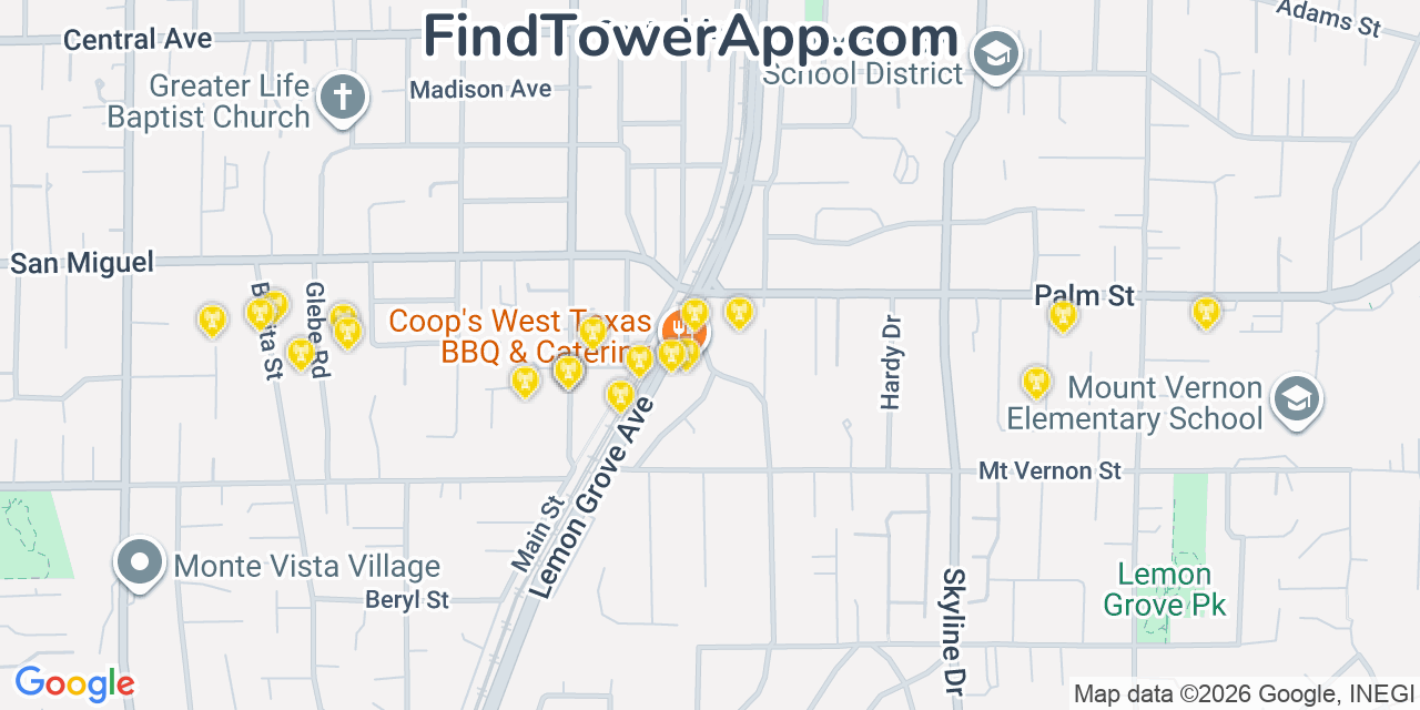 Map showing the 20 primary cell tower locations detected in Lemon Grove, California from AT&T, Verizon, and T-Mobile networks