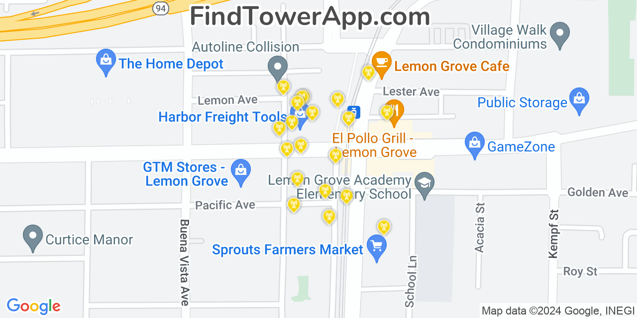 Verizon 4G/5G cell tower coverage map Lemon Grove, California