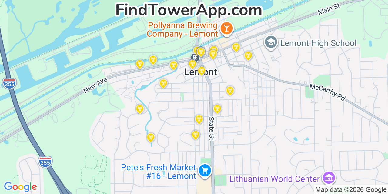Map showing the 20 primary cell tower locations detected in Lemont, Illinois from AT&T, Verizon, and T-Mobile networks