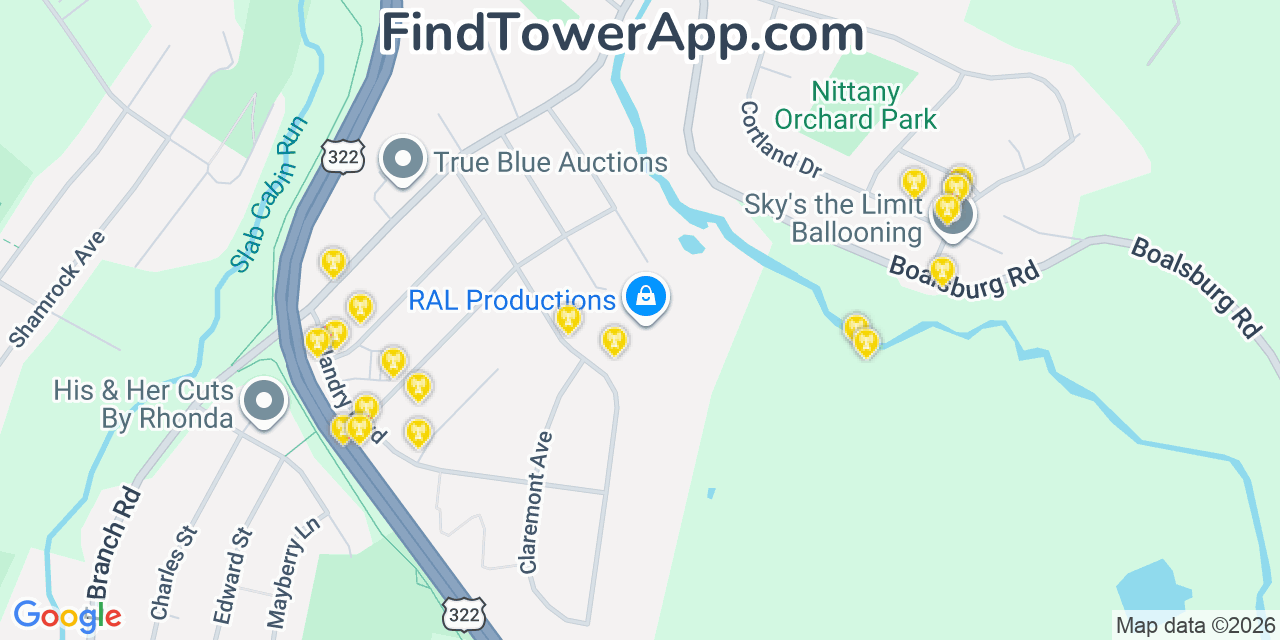 Map showing the 20 primary cell tower locations detected in Lemont, Pennsylvania from AT&T, Verizon, and T-Mobile networks