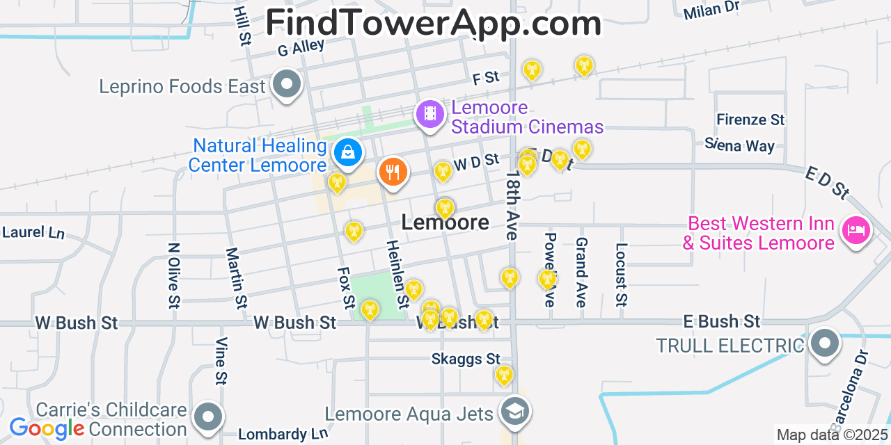 Map showing the 20 primary cell tower locations detected in Lemoore, California from AT&T, Verizon, and T-Mobile networks