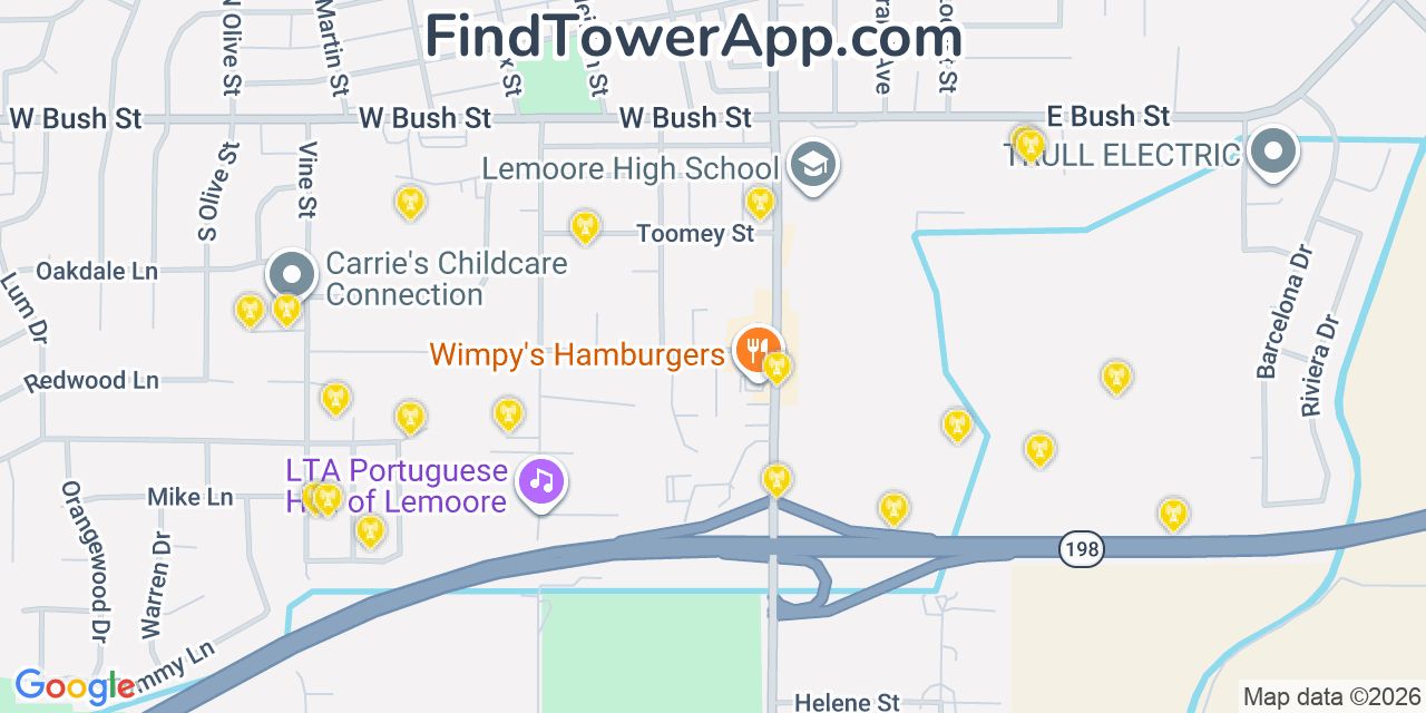 Map showing the 20 primary cell tower locations detected in Lemoore, California from AT&T, Verizon, and T-Mobile networks