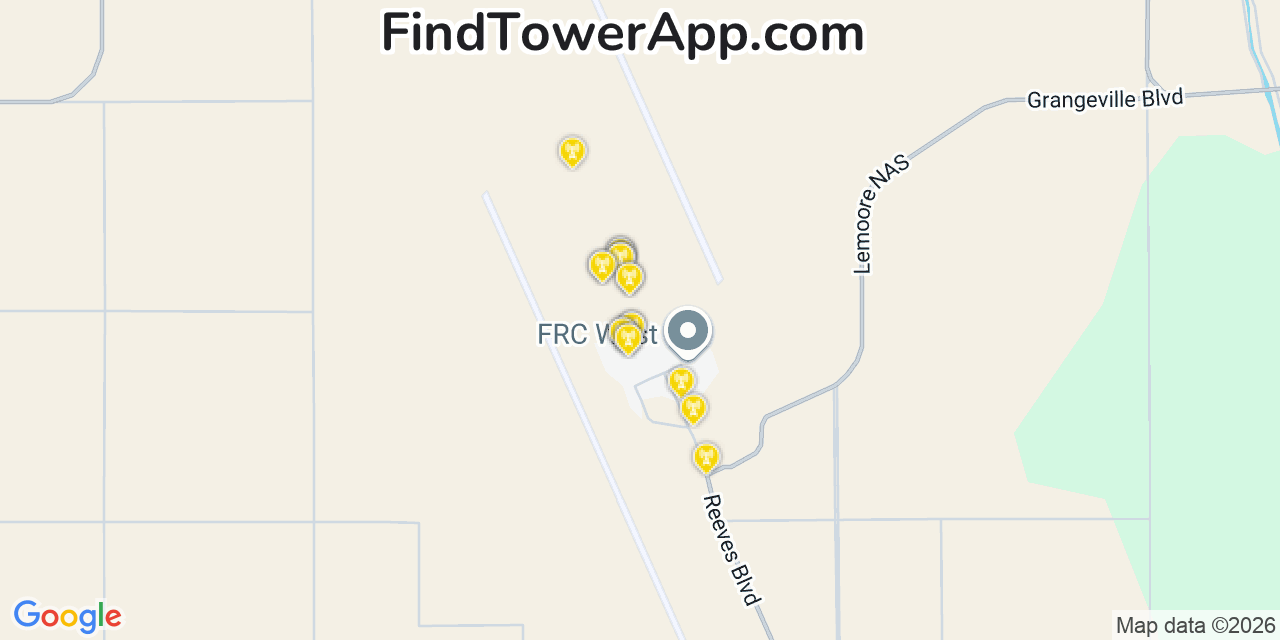 Map showing the 20 primary cell tower locations detected in Lemoore Station, California from AT&T, Verizon, and T-Mobile networks
