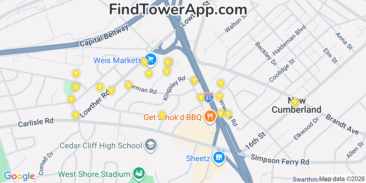 Map showing the 20 primary cell tower locations detected in Lemoyne, Pennsylvania from AT&T, Verizon, and T-Mobile networks