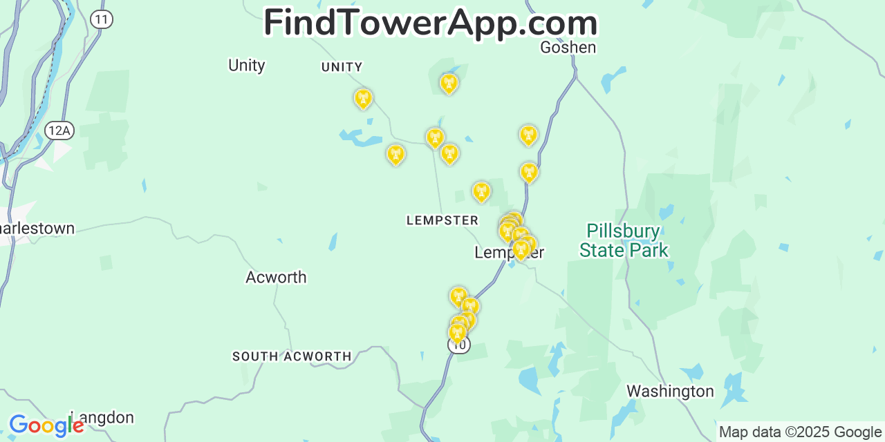 Map showing the 20 primary cell tower locations detected in Lempster, New Hampshire from AT&T, Verizon, and T-Mobile networks