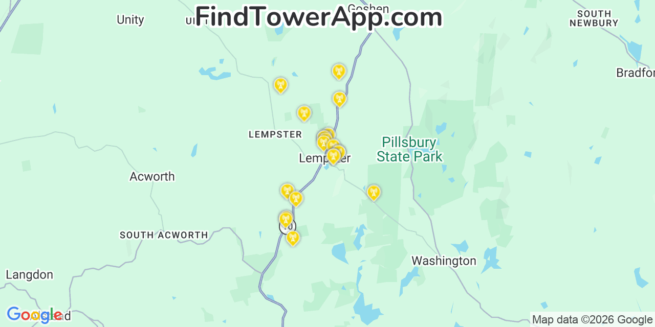 Map showing the 20 primary cell tower locations detected in Lempster, New Hampshire from AT&T, Verizon, and T-Mobile networks