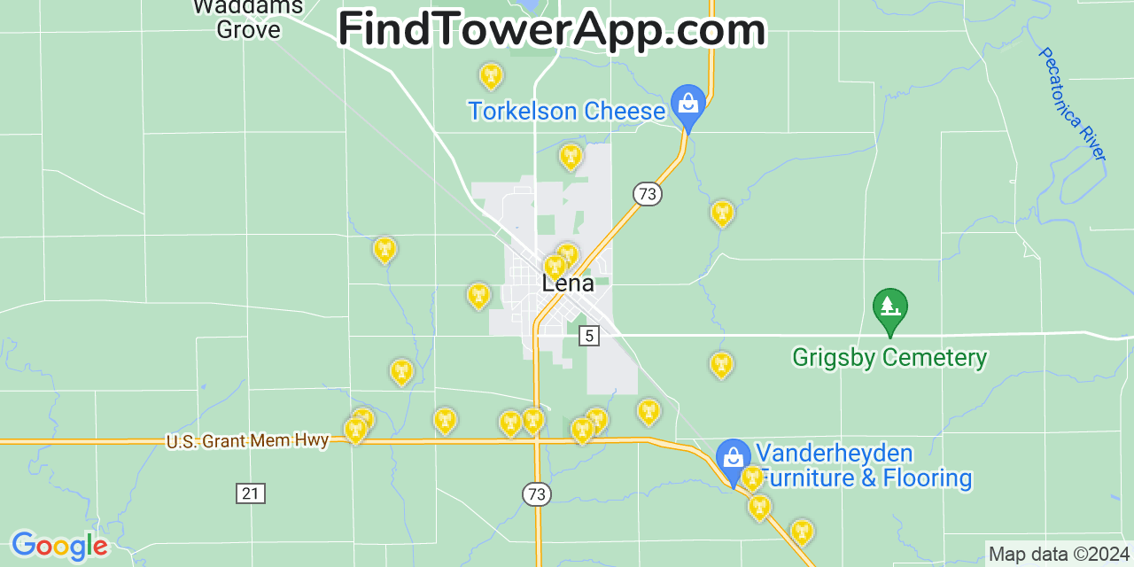 AT&T 4G/5G cell tower coverage map Lena, Illinois