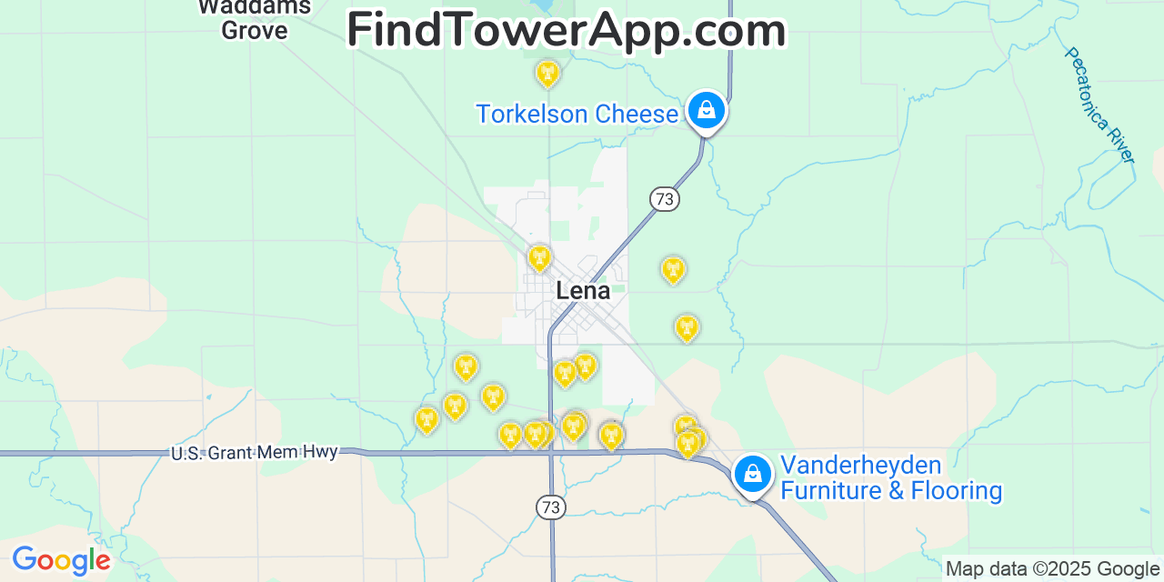 Map showing the 20 primary cell tower locations detected in Lena, Illinois from AT&T, Verizon, and T-Mobile networks
