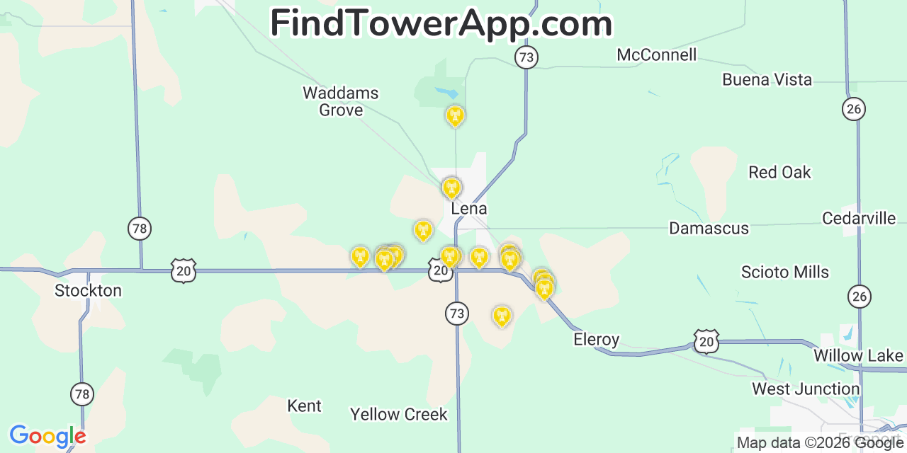 Map showing the 20 primary cell tower locations detected in Lena, Illinois from AT&T, Verizon, and T-Mobile networks