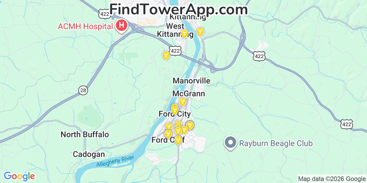 Map showing the 20 primary cell tower locations detected in Lenape Heights, Pennsylvania from AT&T, Verizon, and T-Mobile networks