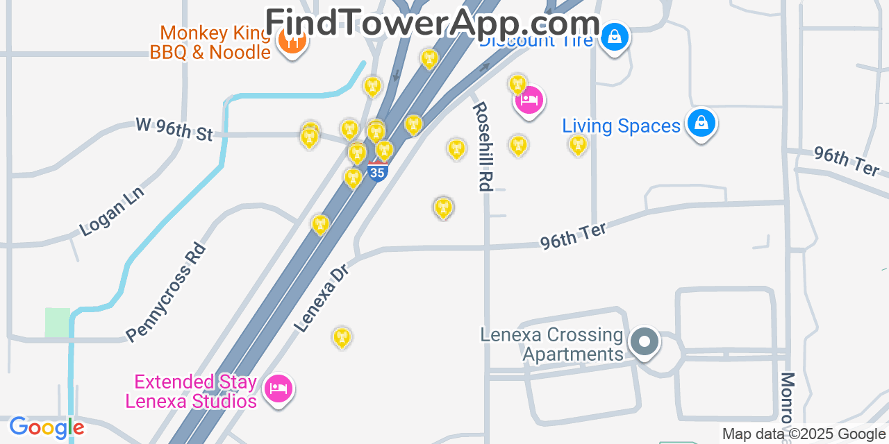 Map showing the 20 primary cell tower locations detected in Lenexa, Kansas from AT&T, Verizon, and T-Mobile networks