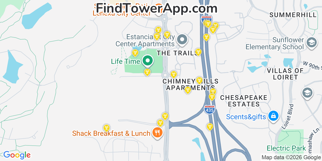 Map showing the 20 primary cell tower locations detected in Lenexa, Kansas from AT&T, Verizon, and T-Mobile networks