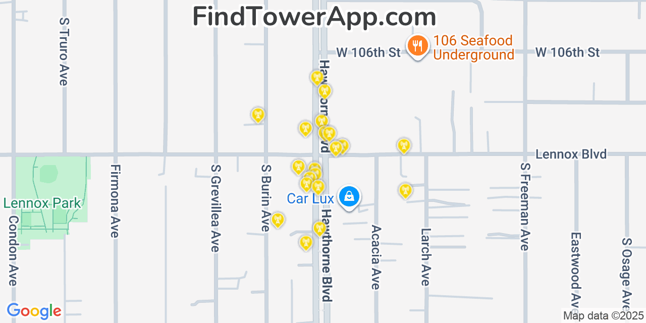 Map showing the 20 primary cell tower locations detected in Lennox, California from AT&T, Verizon, and T-Mobile networks