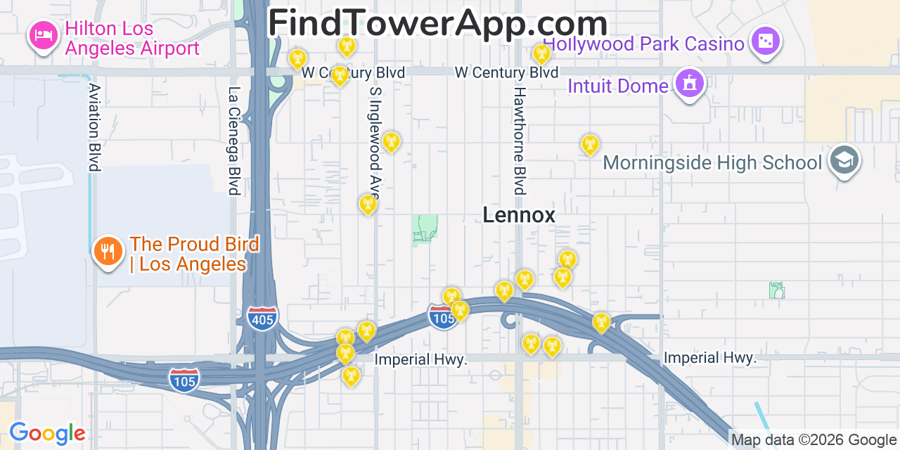 Map showing the 20 primary cell tower locations detected in Lennox, California from AT&T, Verizon, and T-Mobile networks