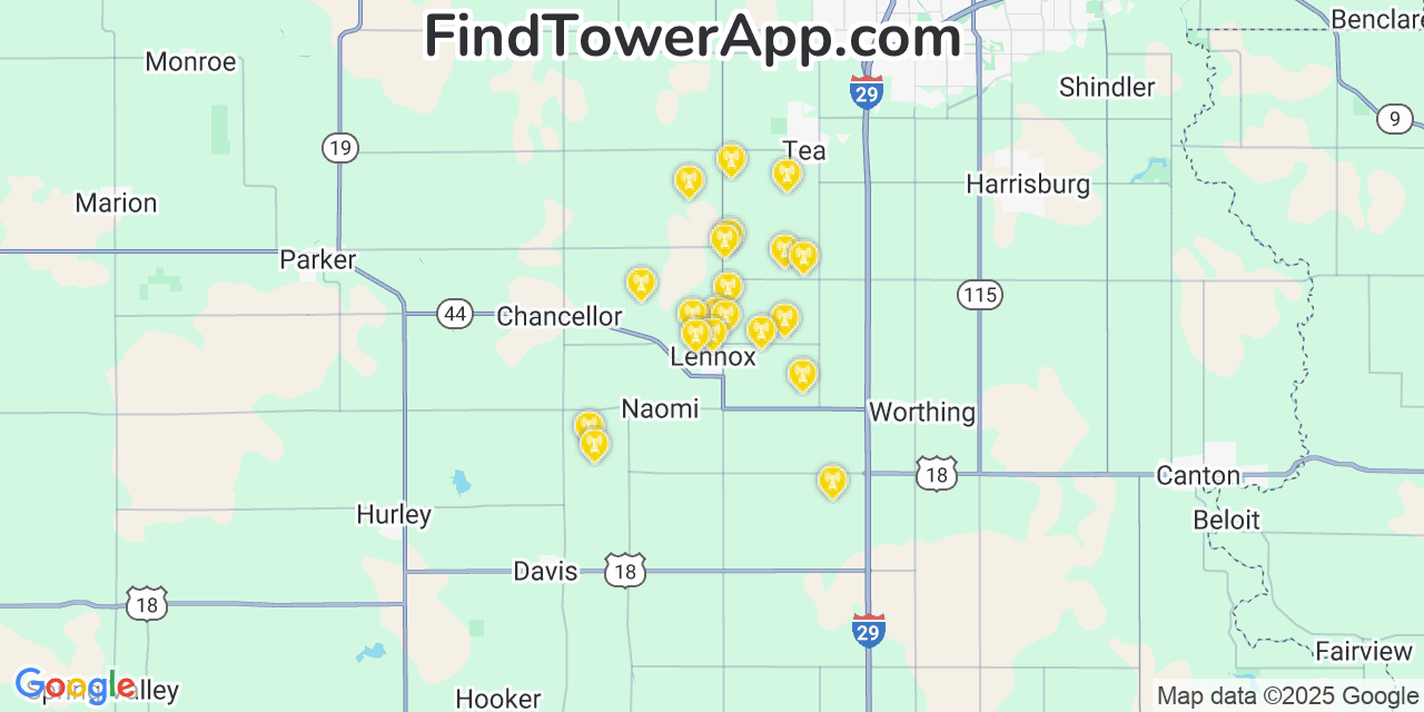 Map showing the 20 primary cell tower locations detected in Lennox, South Dakota from AT&T, Verizon, and T-Mobile networks