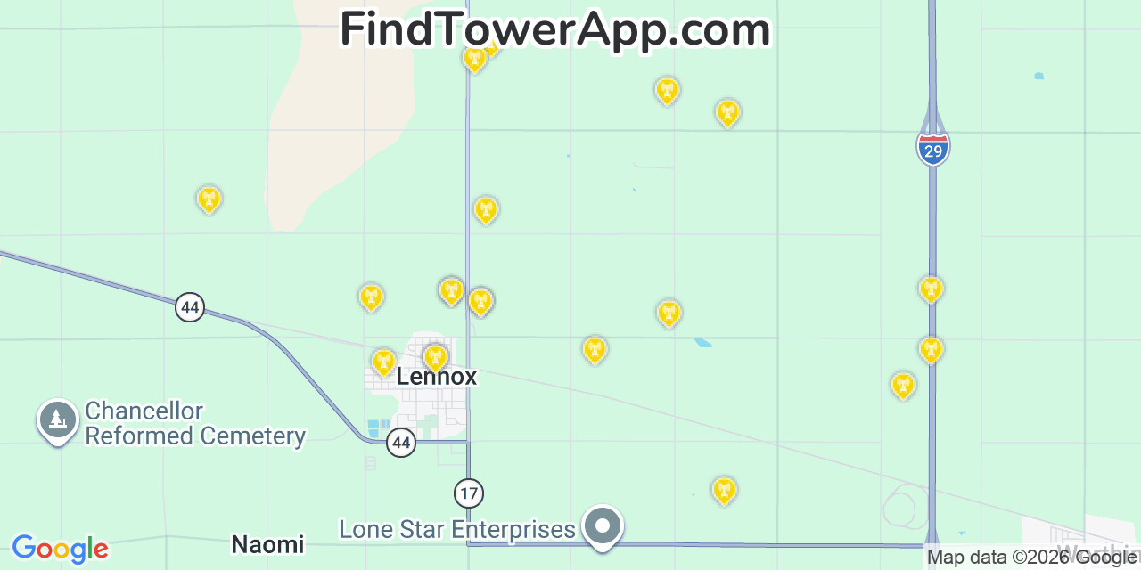 Map showing the 20 primary cell tower locations detected in Lennox, South Dakota from AT&T, Verizon, and T-Mobile networks