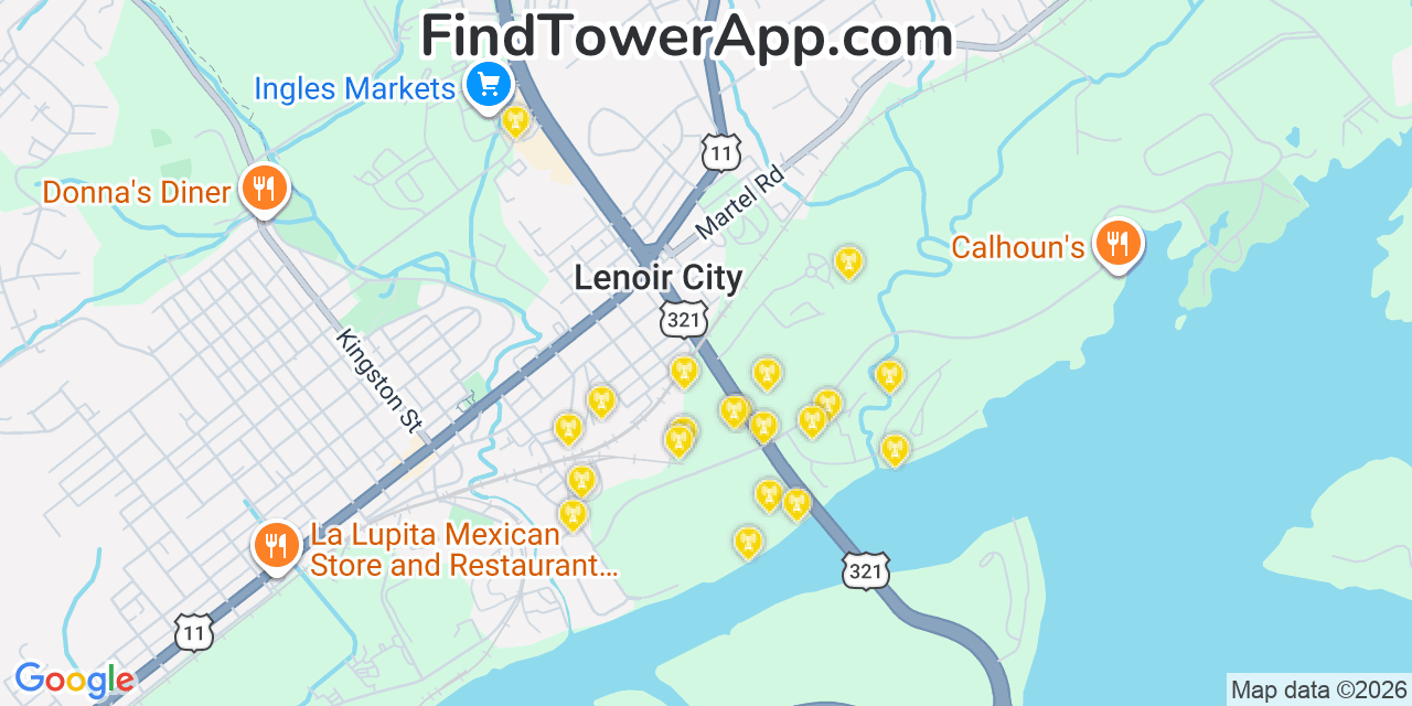 Map showing the 20 primary cell tower locations detected in Lenoir City, Tennessee from AT&T, Verizon, and T-Mobile networks
