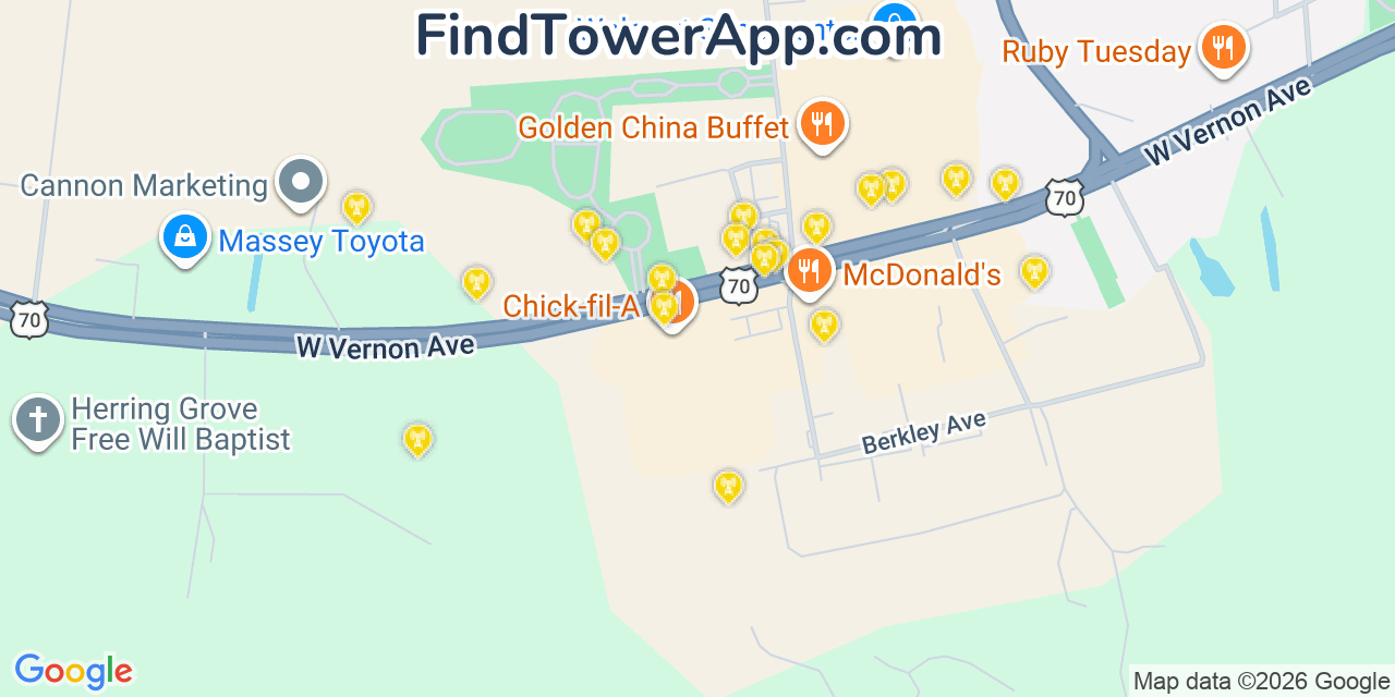 Map showing the 20 primary cell tower locations detected in Lenoir, North Carolina from AT&T, Verizon, and T-Mobile networks