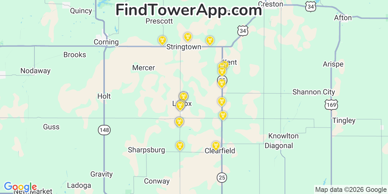 Map showing the 20 primary cell tower locations detected in Lenox, Iowa from AT&T, Verizon, and T-Mobile networks