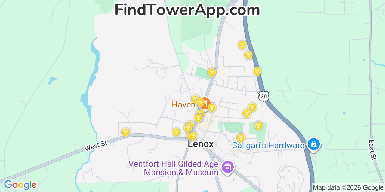 Map showing the 20 primary cell tower locations detected in Lenox, Massachusetts from AT&T, Verizon, and T-Mobile networks