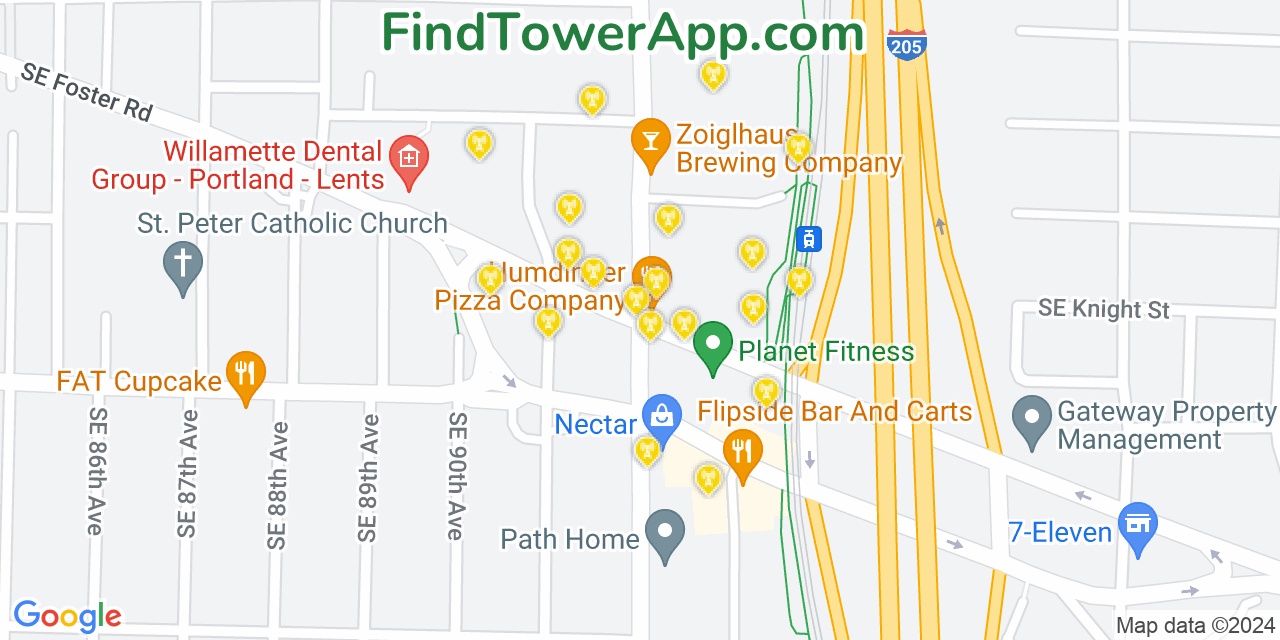 AT&T 4G/5G cell tower coverage map Lents, Oregon