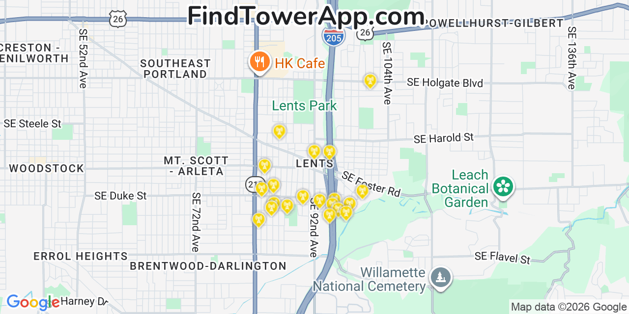 Map showing the 20 primary cell tower locations detected in Lents, Oregon from AT&T, Verizon, and T-Mobile networks