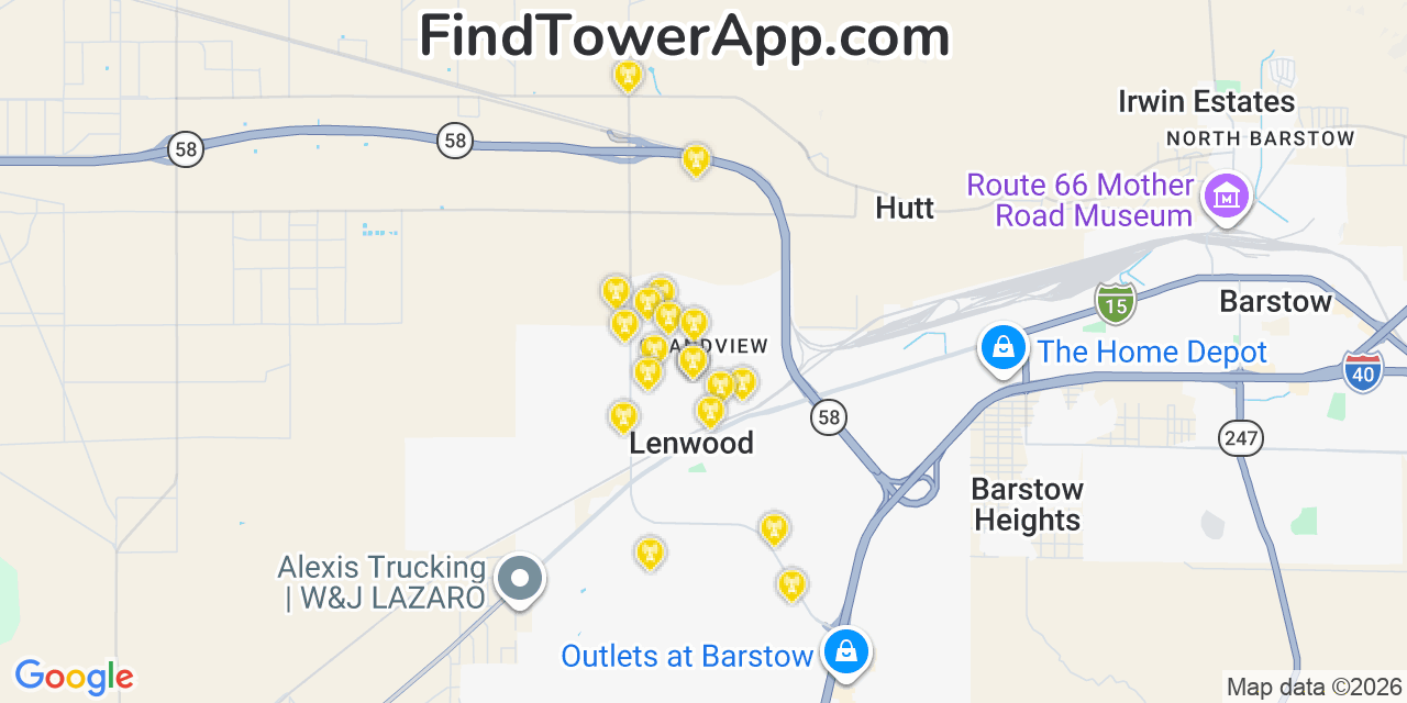 Map showing the 20 primary cell tower locations detected in Lenwood, California from AT&T, Verizon, and T-Mobile networks