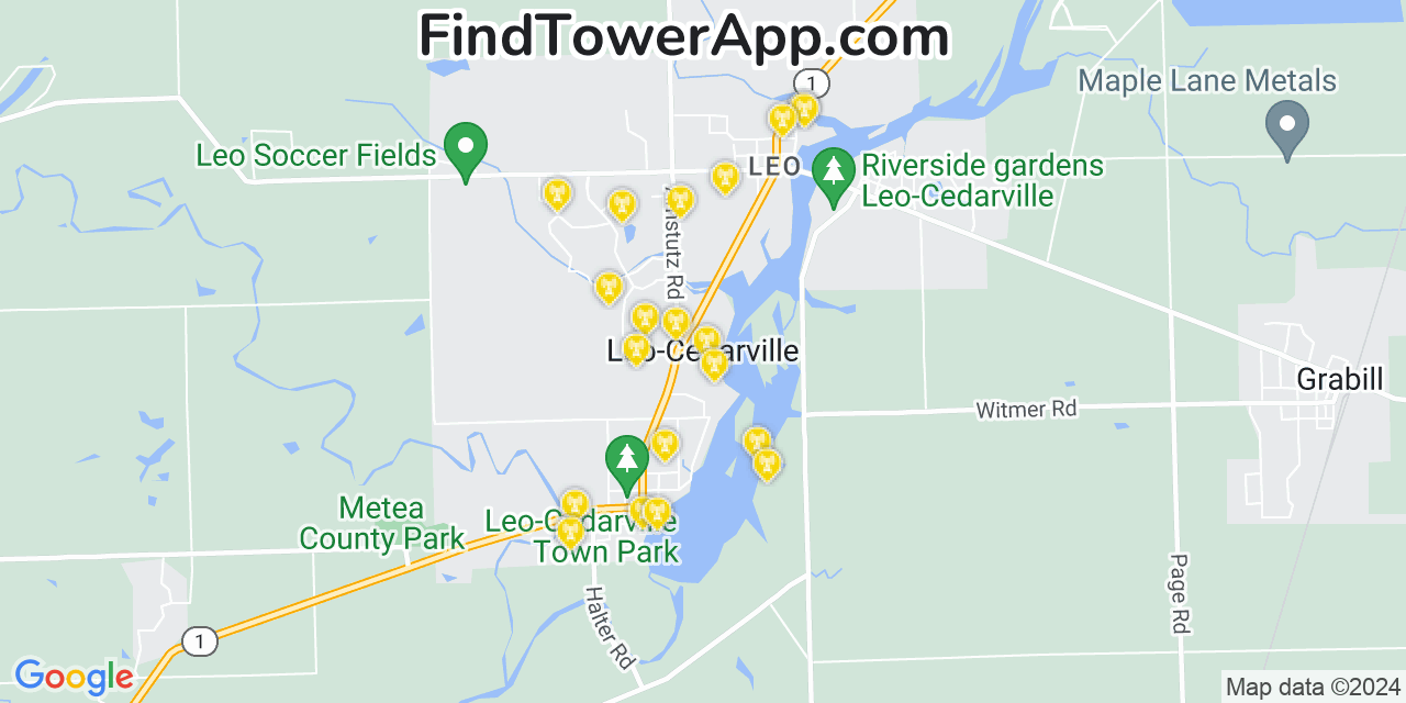 AT&T 4G/5G cell tower coverage map Leo Cedarville, Indiana