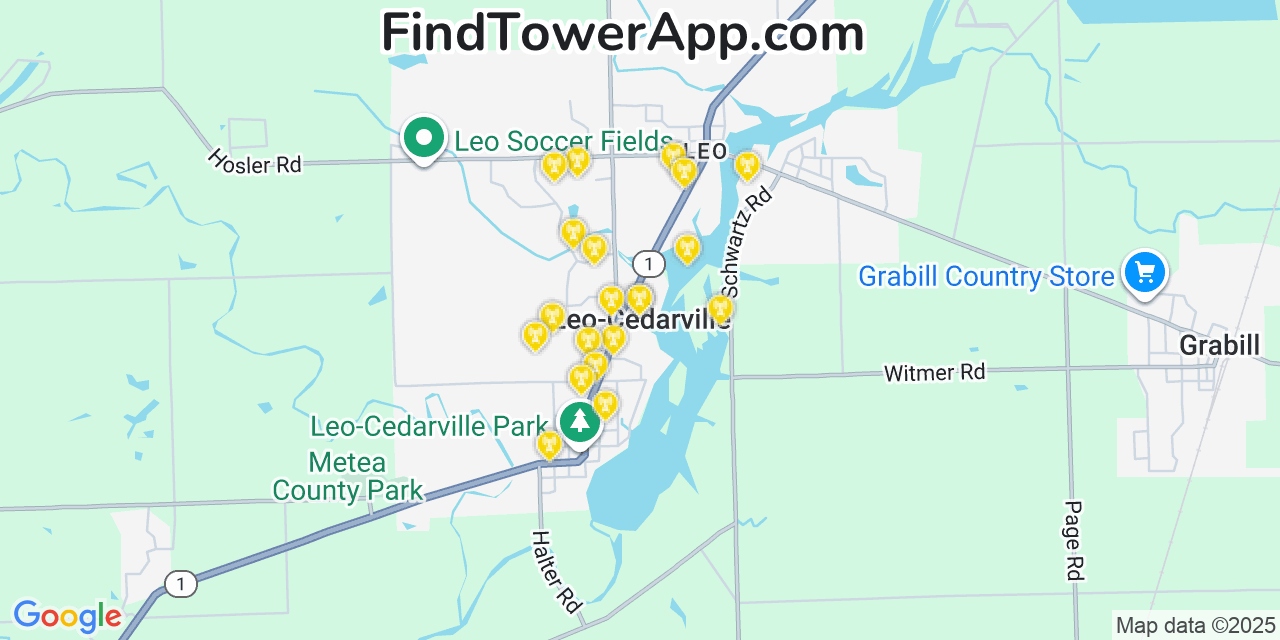 Map showing the 20 primary cell tower locations detected in Leo-Cedarville, Indiana from AT&T, Verizon, and T-Mobile networks