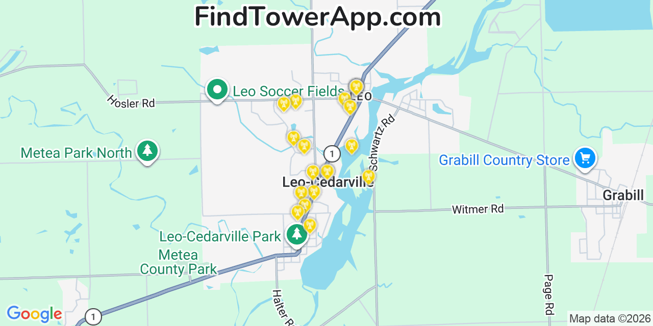 Map showing the 20 primary cell tower locations detected in Leo Cedarville, Indiana from AT&T, Verizon, and T-Mobile networks