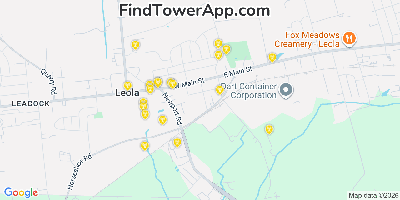 Map showing the 20 primary cell tower locations detected in Leola, Pennsylvania from AT&T, Verizon, and T-Mobile networks
