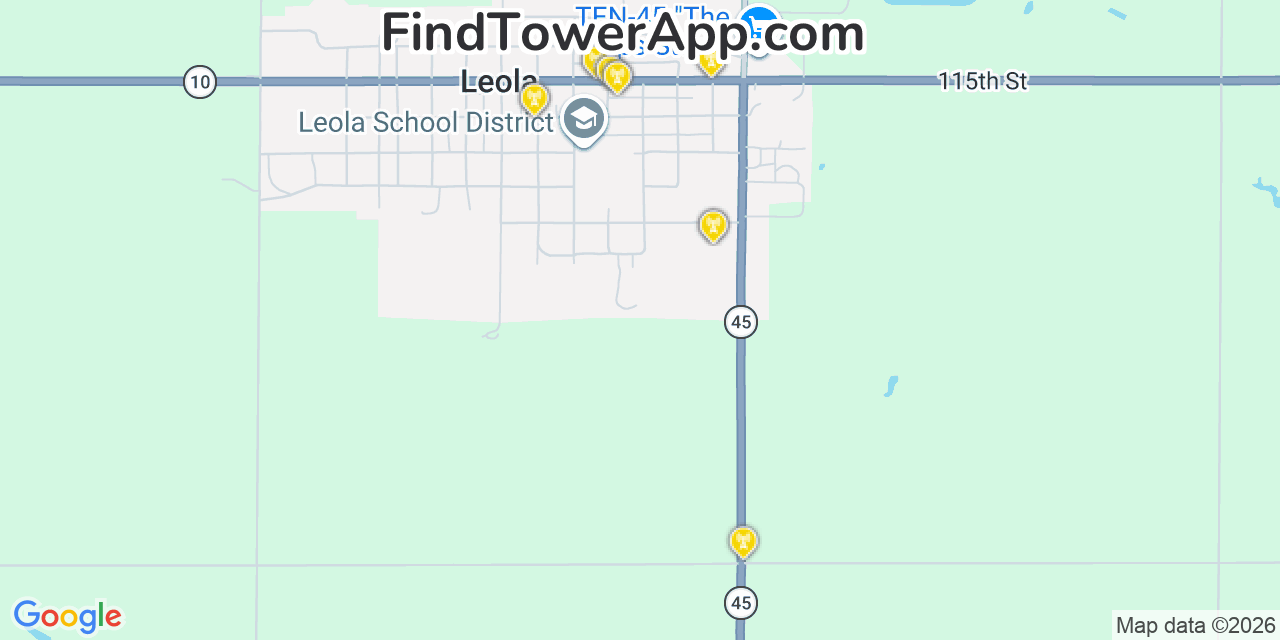 Map showing the 20 primary cell tower locations detected in Leola, South Dakota from AT&T, Verizon, and T-Mobile networks