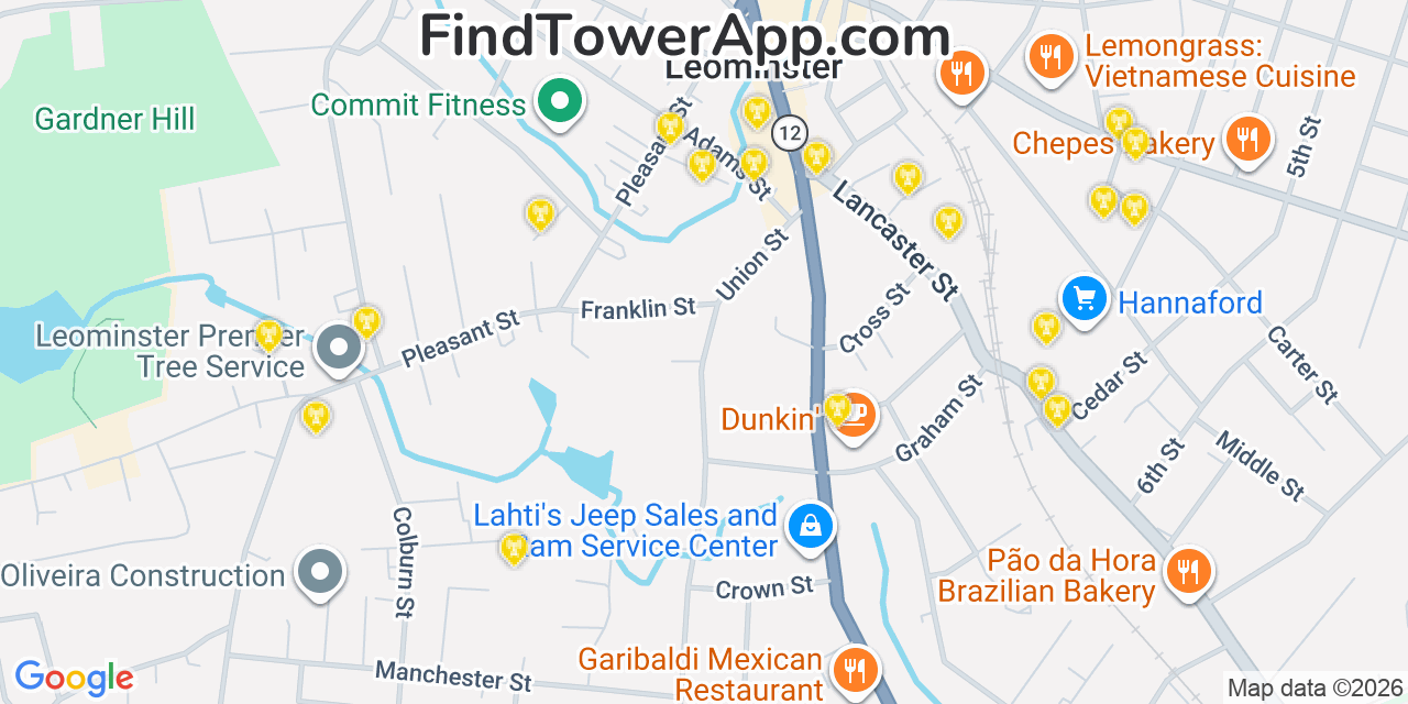 Map showing the 20 primary cell tower locations detected in Leominster, Massachusetts from AT&T, Verizon, and T-Mobile networks