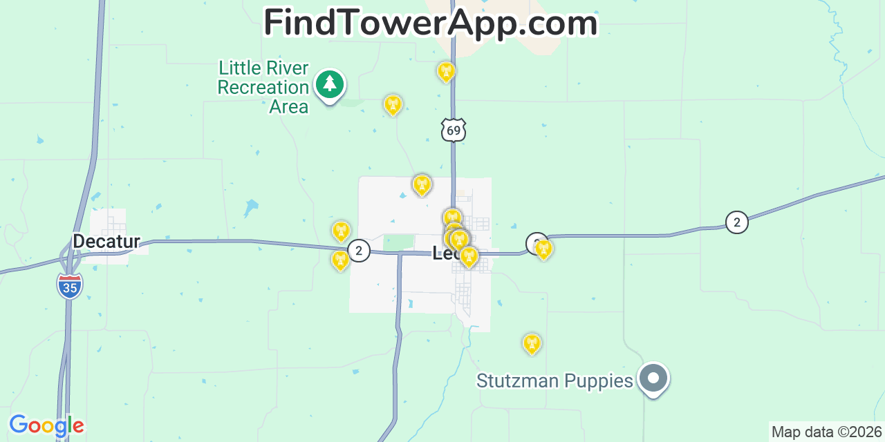 Map showing the 20 primary cell tower locations detected in Leon, Iowa from AT&T, Verizon, and T-Mobile networks