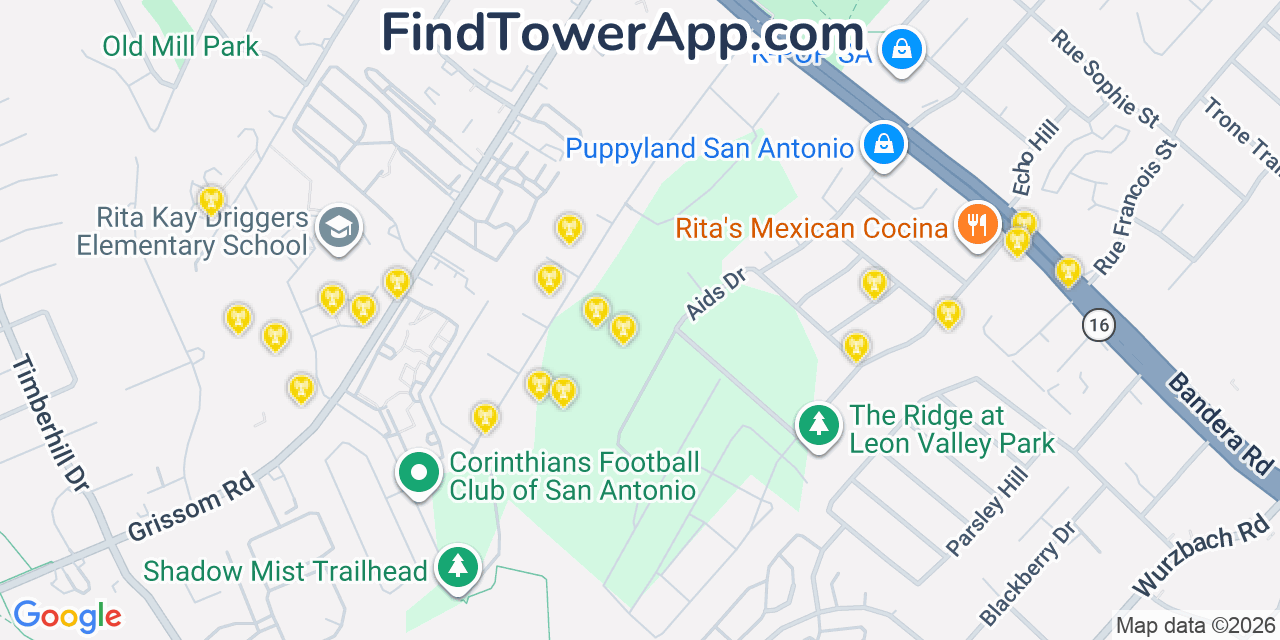 Map showing the 20 primary cell tower locations detected in Leon Valley, Texas from AT&T, Verizon, and T-Mobile networks