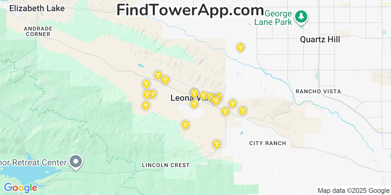 Map showing the 20 primary cell tower locations detected in Leona Valley, California from AT&T, Verizon, and T-Mobile networks