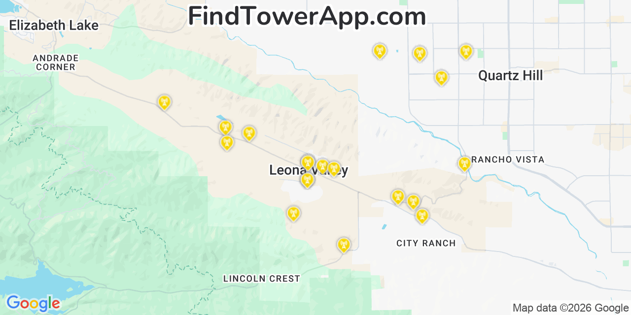 Map showing the 20 primary cell tower locations detected in Leona Valley, California from AT&T, Verizon, and T-Mobile networks