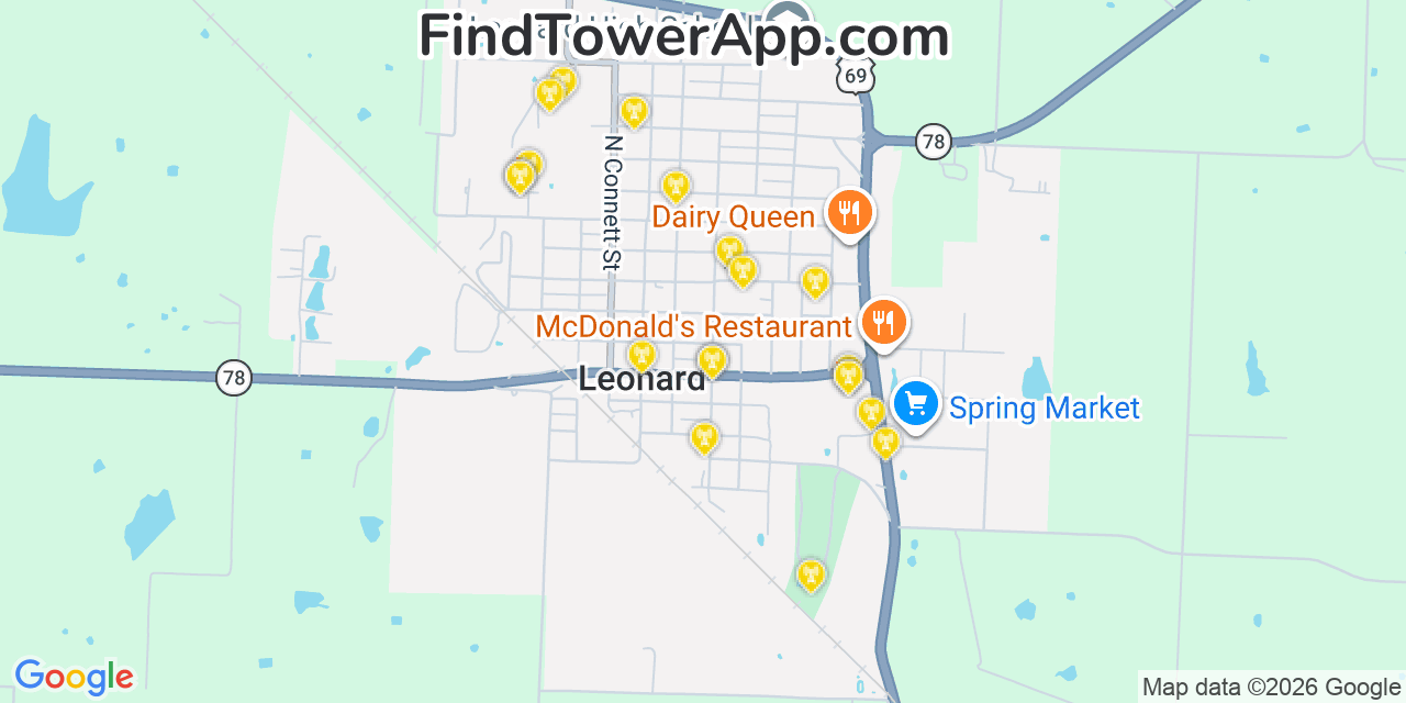 Map showing the 20 primary cell tower locations detected in Leonard, Texas from AT&T, Verizon, and T-Mobile networks
