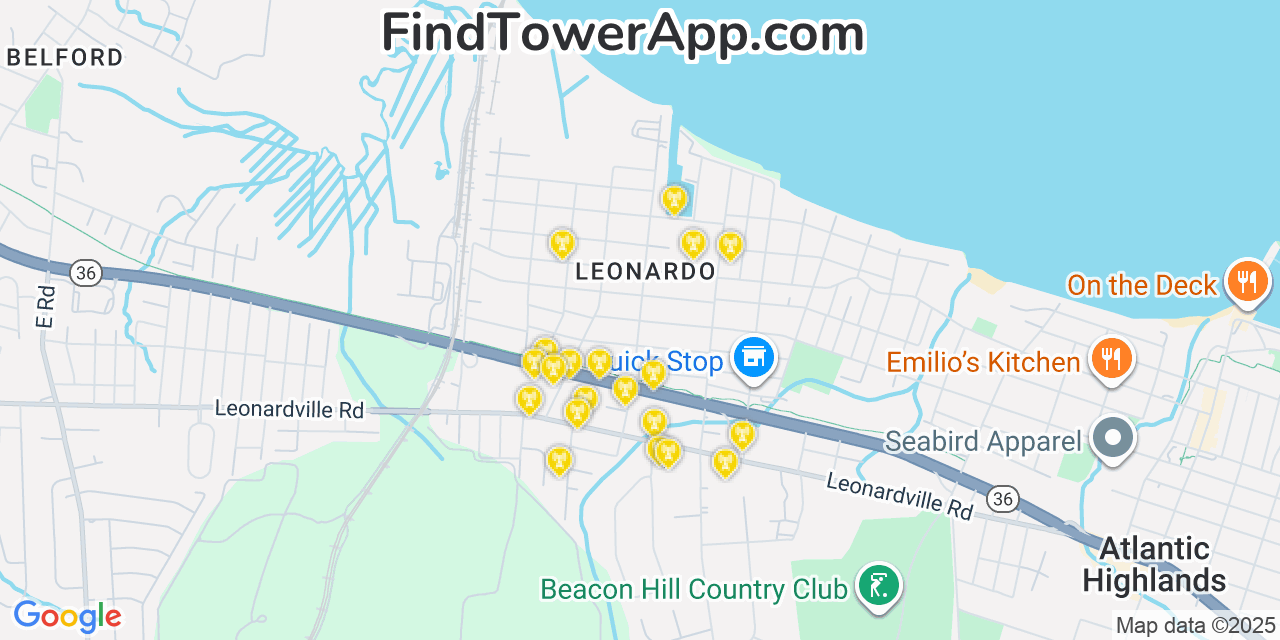 Map showing the 20 primary cell tower locations detected in Leonardo, New Jersey from AT&T, Verizon, and T-Mobile networks