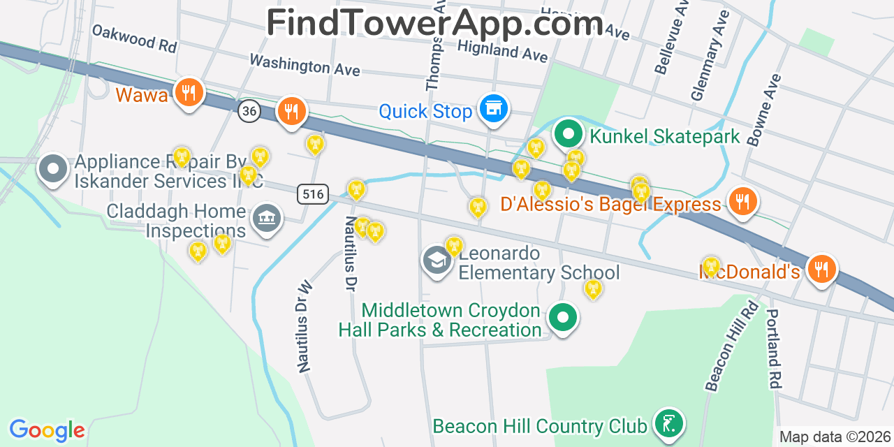Map showing the 20 primary cell tower locations detected in Leonardo, New Jersey from AT&T, Verizon, and T-Mobile networks
