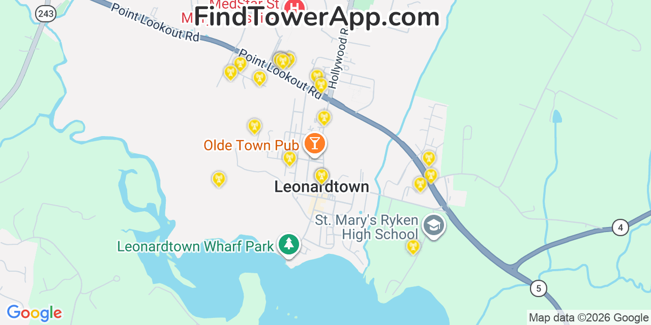 Map showing the 20 primary cell tower locations detected in Leonardtown, Maryland from AT&T, Verizon, and T-Mobile networks
